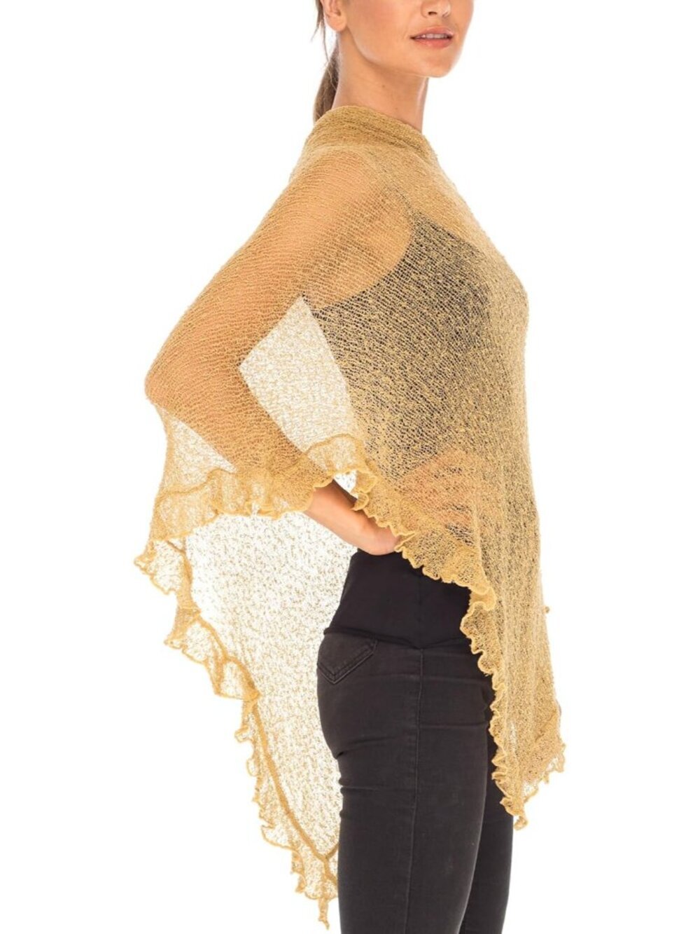 〽️Womens Nude Gold Sheer Knit Poncho Shrug Lightweight Asymmetrical Ruffle Wraps
